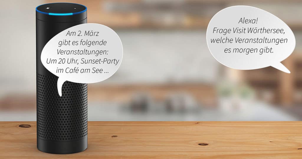 Amazon Echo Alexa mit deutschen Sprechblasen eines xamoom Dienstes