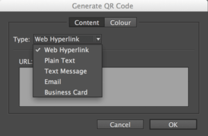 Screenshot of Adobe InDesign, generating a QR code