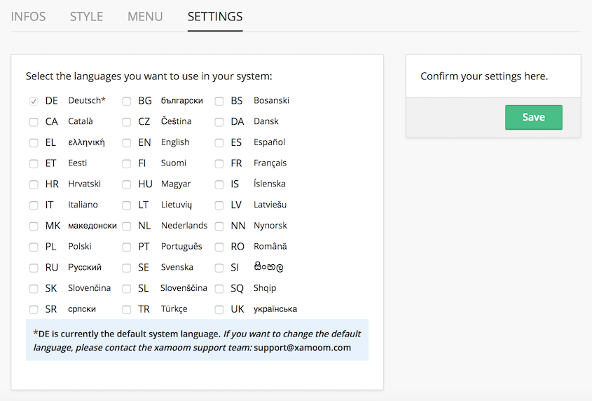 Screenshot of xamoom's language settings